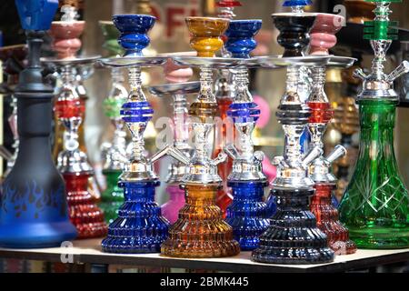 New hookahs for sale on the counter. A photo was taken in front of the store. Close up. Stock Photo