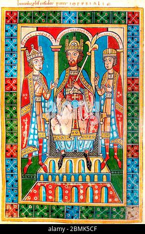 Frederic I Barbarossa and his sons King Henry VI and Duke Frederick VI. Medieval illustration from the Chronic of the Guelphs (Weingarten Abbey, 1179-1191). Stock Photo