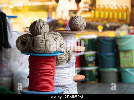 Ropes for sale in different colors and varieties. Stock Photo