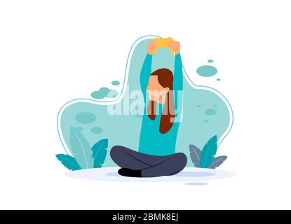 Flat illustration of a little girl sitting with her hands up and happily holding a game console. Play activities while quarantine at home. Stock Vector