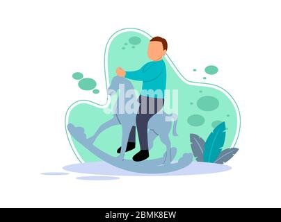 Flat illustration of a small boy happily playing rocking horse at home. Play activities while quarantine at home. Stock Vector