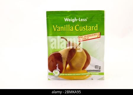 Alberton, South Africa - a packet of Weigh-Less vanilla custard mix isolated on a clear background image with copy space Stock Photo