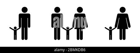 Father Mother Parents Child Holding Hands Stick Figure Icon Set. EPS Vector Stock Vector