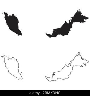 Malaysia Country Map. Black silhouette and outline isolated on white background. EPS Vector Stock Vector