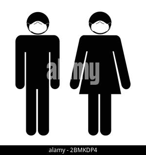 Man Woman with Face Mask Stick Figure Icon. Black and white illustration pictogram EPS Vector Stock Vector