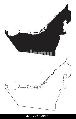 United Arab Emirates, UAE, Emirates Country Map. Black silhouette and outline isolated on white background. EPS Vector Stock Vector