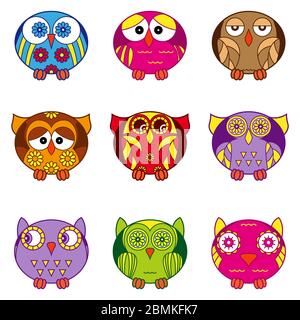 Set of nine funny cartoon owls placed in oval forms with various pattern isolated on the white background, illustration as icons Stock Vector