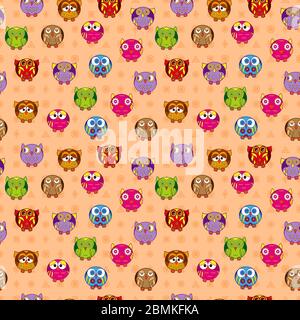 Seamless texture with colorful cartoon funny owls for baby decoration on the muted orange pattern background Stock Vector