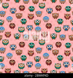 Seamless texture with various cartoon owls for children decoration on the pink pattern background Stock Vector