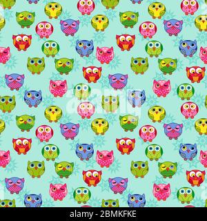 Seamless texture with colorful cartoon funny owls for children decoration on the blue pattern background Stock Vector