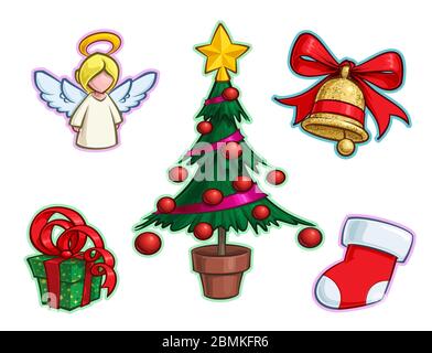 Vector Cartoon Icon set of an Angel, Christmas Tree, a red Ribbon Gift a Golden Glitter Bell and Stocking. Illustrations Lines, Color, Shadows and Lig Stock Vector