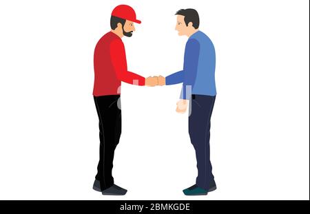 Handshake character design. vector illustration of two people handshake each other. Mans are greeting with face to face. Stock Vector