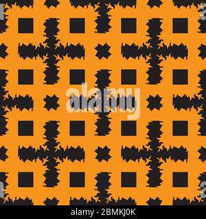 Seamless pattern abstract squares crosses leaf silhouette on orange background. Vector image Stock Vector