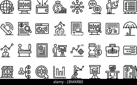Trader icons set, outline style Stock Vector