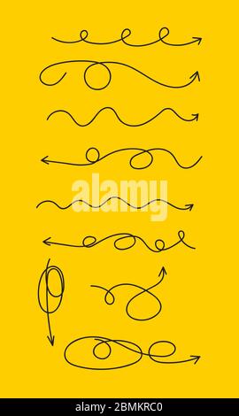 Set of hand drawn creative black arrows with loops in different directions - up, down, right and left. Graphic design elements Stock Vector