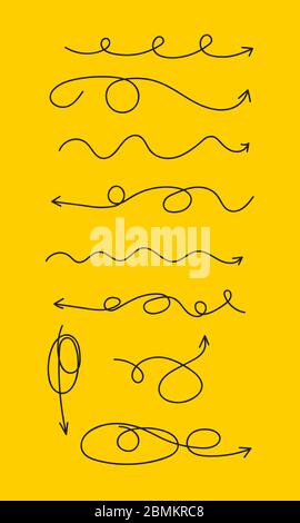 Set of hand drawn creative black arrows with loops in different directions - up, down, right and left. Graphic design elements Stock Vector