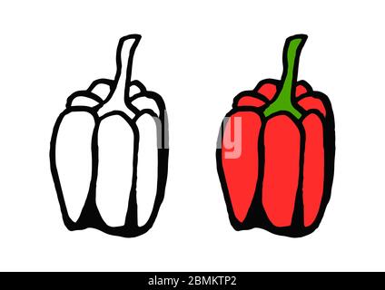 Set sweet red pepper in doodle style isolated on white background. Vector hand drawn outline and silhouette simple illustration. Eco product. Coloring Stock Vector
