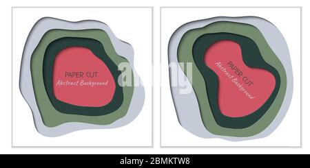 Abstract square vector backgrounds in paper cut style with shadows and copy space for text. Paper art in trendy colors with layers, shape of waves. Realistic minmal layout template for poster, banner Stock Vector