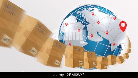 International delivery. Collage with parcel boxes flying to their destination on planet Earth, white background Stock Photo