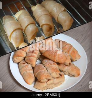 Homemade pastry, before and after backing. The rugelach with jam in oven. Bagels ready for baking. Stock Photo