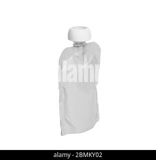 White empty plastic doy pack with spout and round lid, for baby food, fruit puree, snack on the go, isolated on a white background Stock Photo