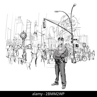 Police officer in duty on a street of Manhattan. New York City - vector illustration (Ideal for printing on fabric or paper, poster or wallpaper, hous Stock Vector