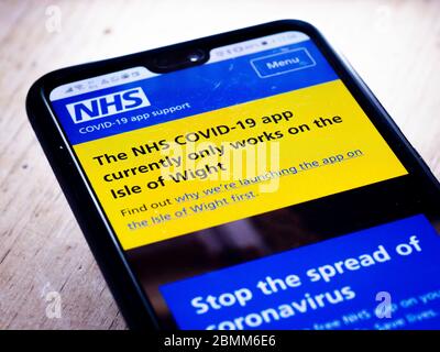NHS Covid-19 App which the British government is currently testing to track the spread of Coronavirus before making it available to the whole UK Stock Photo