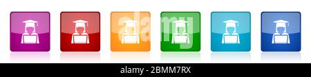 Student with laptop icon set, computer, education colorful square glossy vector illustrations in 6 options for web design and mobile applications Stock Vector
