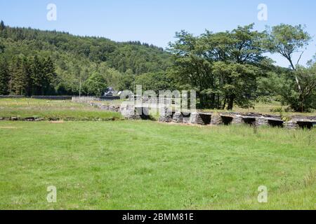 Footbridge  Afon Lledr near the village of Dolwyddelan in the Lledr Valley lying between Blaenau Ffestiniog and Betws-y-Coed Snowdonia North Wales Stock Photo