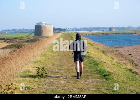 Man walking coastal path on sea wall dyke at Bawdsey, Suffolk, England, UK Stock Photo
