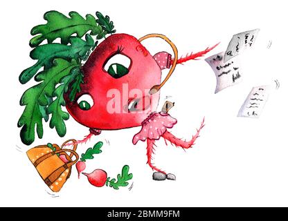 Hand painted watercolor business Radish Girl with yellow bag on white background. Character Illustration. Stock Photo