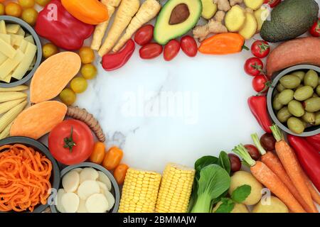 Health food to ease irritable bowel syndrome forming a background border. Healthy foods high in protein, dietary fiber, vitamins & minerals. Stock Photo