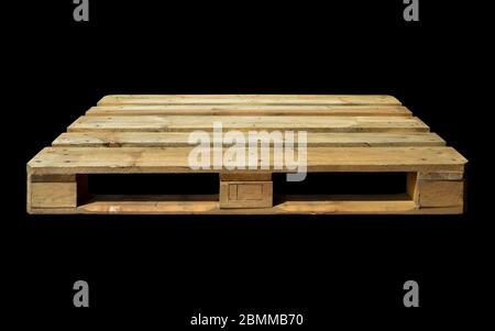 Sturdy wooden pine pallet used in transportation and storage, euro pallet, epal pallet, isolated on black background Stock Photo