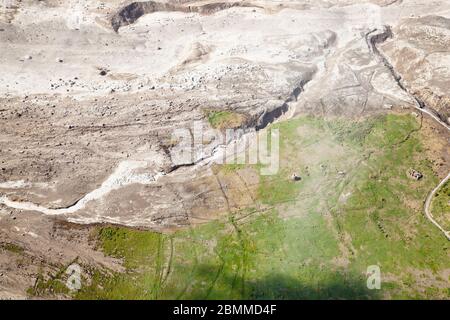 The remains of recent pyroclastic flows of the Soufriere Hills Volcano in Montserrat. Aerial view from helicopter. Stock Photo