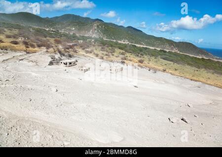 The remains of recent pyroclastic flows of the Soufriere Hills Volcano in Montserrat. Aerial view from helicopter. Stock Photo