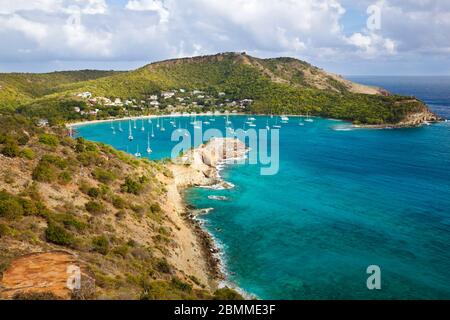 View to the beautiful bay of English Harbor in Antigua, the buildings on the top of the opposite hill are Shirley Heights.