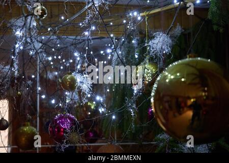 Christmas tree with lights and balls Stock Photo