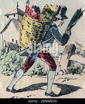 Le pere fouettard, personnage legendaire du folklore, punissant les enfants pas sages avec son fouet, les emmene dans sa hotte, image d'Epinal, 19eme Stock Photo