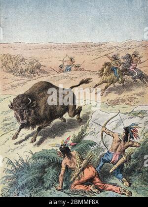 'Des indiens peaux-rouges chassant le bison dans les prairies americaines' (Native Americans in the United States hunting the buffalo in the Great pla Stock Photo