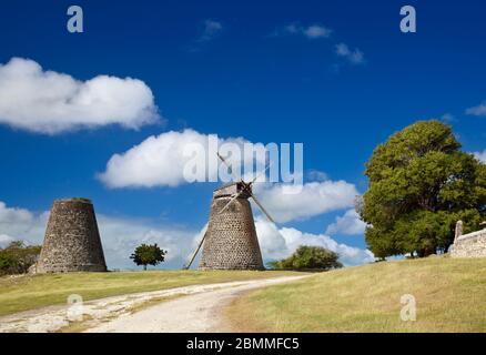 The restored sugar plantation windmills at Betty's Hope in the heart of Antigua. Stock Photo