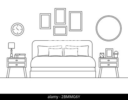 Cozy bedroom linear interior scene with furniture isolated on white background. Stock Vector