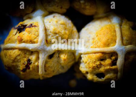 Home Made Easter Hot Cross Fruit Buns Stock Photo