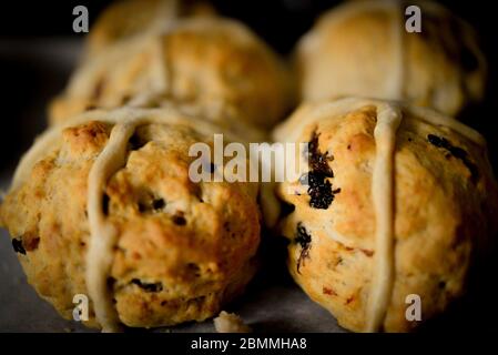 Home Made Easter Hot Cross Fruit Buns Stock Photo