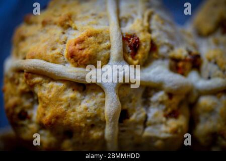 Home Made Easter Hot Cross Fruit Buns Stock Photo
