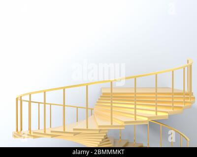 Golden spiral stairs with handrails against white wall in empty room. Concept or success, opportunities and achievement. 3d render Stock Photo