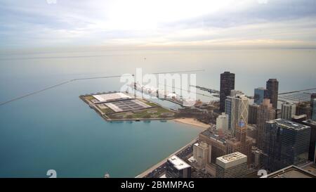 CHICAGO, ILLINOIS, UNITED STATES - DEC 11th, 2015: View from John Hancock tower, Chicago and Lake Michigan panoramic view. City skyline from 360 Stock Photo