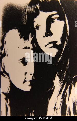 Fine 70s vintage black and white extreme photography of two sisters quietly posing for a portrait. Stock Photo