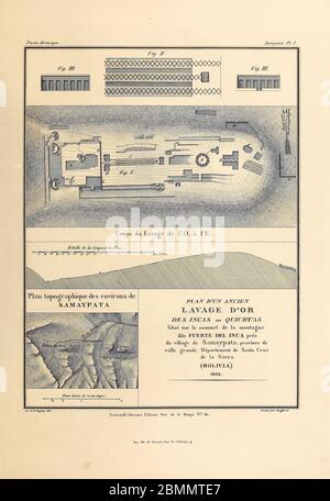 Plan of an ancient gold wash of the Incas or Quichuas Located on the top of the mountain called Fuerte del Inca near the village of Samaypata, province of valle grande, Department of Santa Cruz de la Sierra (Bolivia) From the book 'Voyage dans l'Amérique Méridionale' [Journey to South America: (Brazil, the eastern republic of Uruguay, the Argentine Republic, Patagonia, the republic of Chile, the republic of Bolivia, the republic of Peru), executed during the years 1826 - 1833] 3rd volume By: Orbigny, Alcide Dessalines d', d'Orbigny, 1802-1857; Montagne, Jean François Camille, 1784-1866; Marti Stock Photo