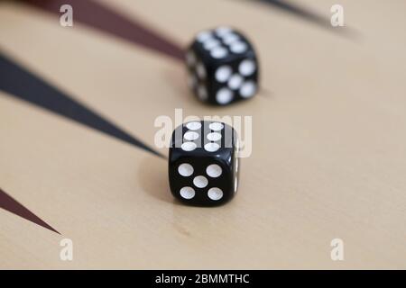 Dice game on backgammon board Stock Photo