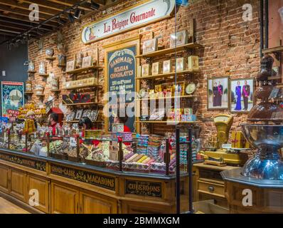 La Belgique Gourmande a luxury chocolate shop in Les Galeries Royales Saint-Hubert. Interior of the shop. Brussels, Belgium - Stock Photo